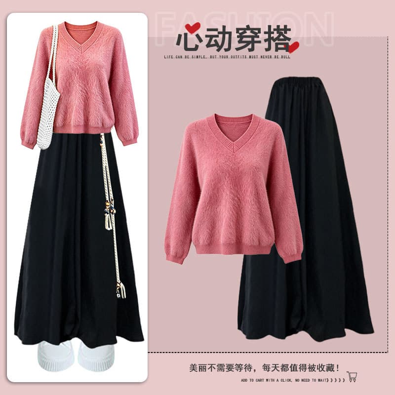 Soft Pink V-Neck Sweater for Women, Casual Long Sleeve Top with High-Waist Skirt Pants Two-Piece Set