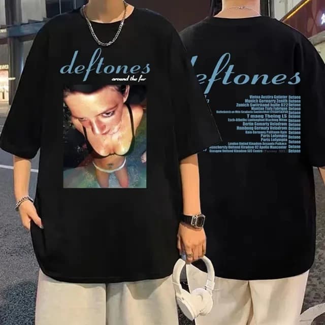 Deftones Girl Eyes Cartoon T-Shirt Retro Vintage Fashion Short Sleeve Black Heavyweight Cotton Tee