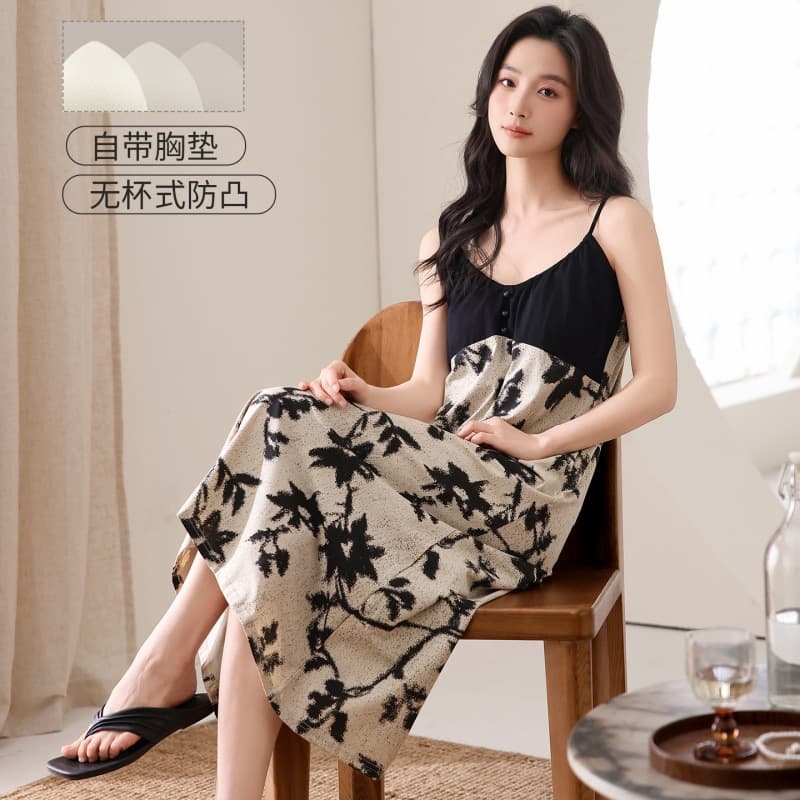 2026 (Price Controlled at 59.9 Yuan) New Summer Style 100% Pure Cotton Women's Casual Nightgown with Chest Pads and Straps