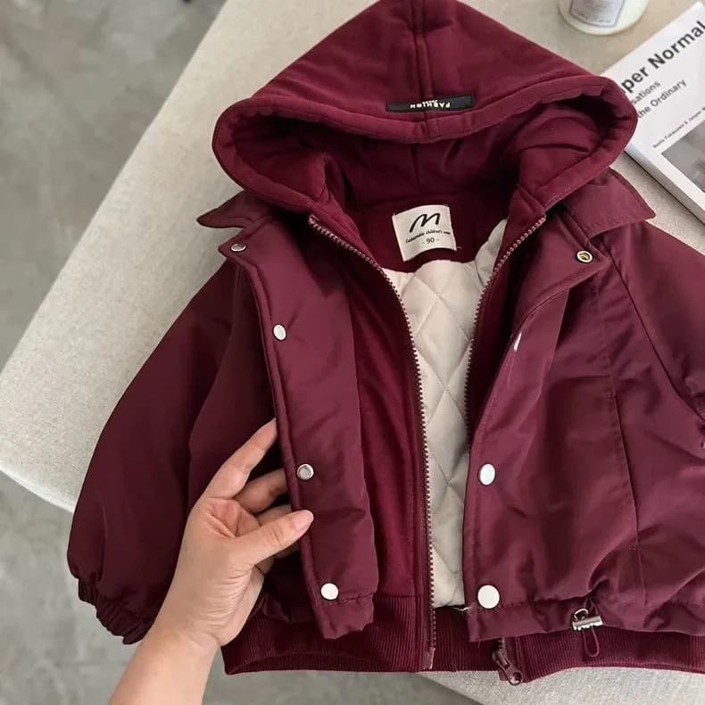 Children's Cotton-Lined Hooded Jacket Winter Boys' Solid Color Hooded Windbreaker Kids' Thick Cotton Coat Girls' Stylish Cotton Padded Jacket