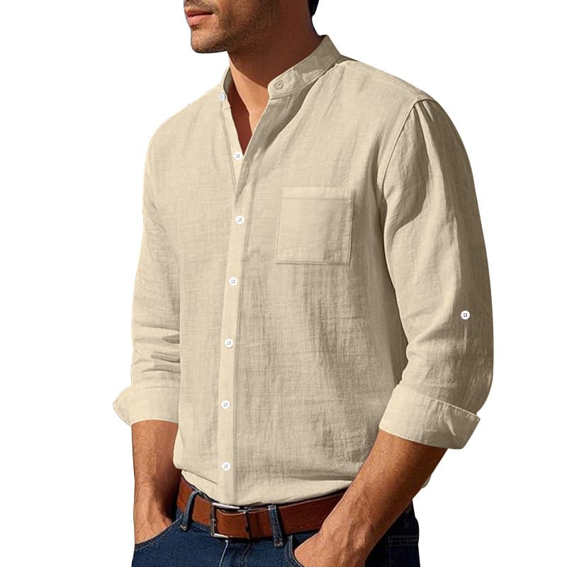 Amazon Cross-border Spring Autumn Linen Shirt Long Sleeve Stand Collar Breathable Casual New Chinese Style Pocket Shirt Men's Shirt