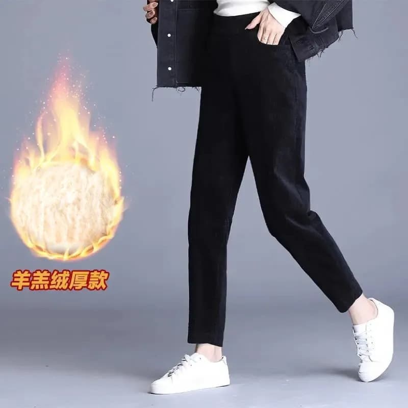 Autumn Winter New Double Layer Fleece Lined Lamb Wool Harem Pants Versatile Slimming Loose Casual Corduroy Double Pocket Pants