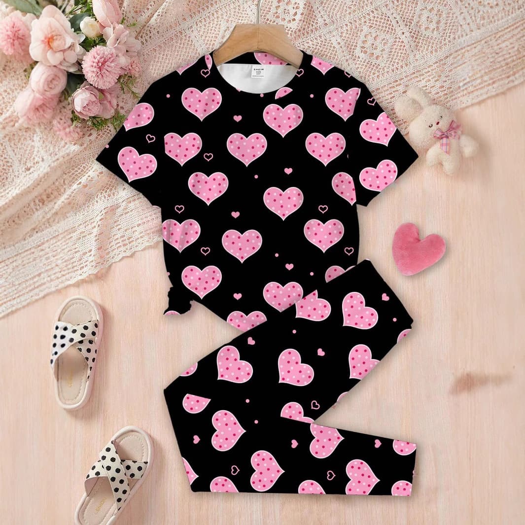 Girls' Round Neck Short Sleeve Homewear T-Shirt Summer Stylish Kids Heart Print Pants Set