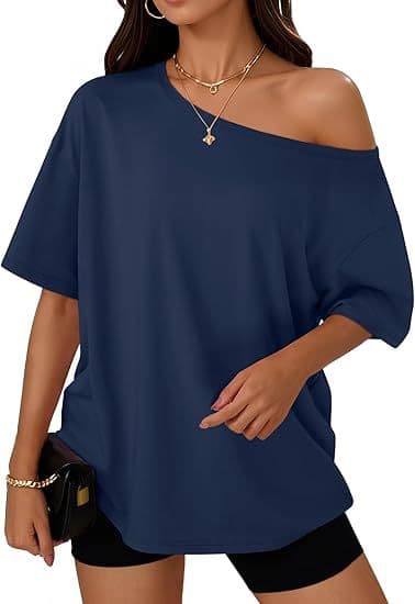 In Stock 2025 New European and American Cross-Border Women's T-Shirt Casual Fashion Slanted Neck Top Ladies Knit Short Sleeve Top