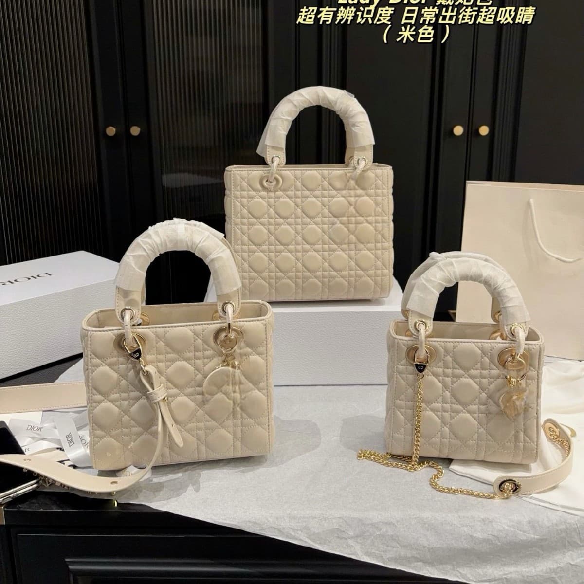 Dior Classic Lambskin Three-Compartment Lady Dior Chain Crossbody Quilted Leather with Gold Hardware and Removable Leather Handle