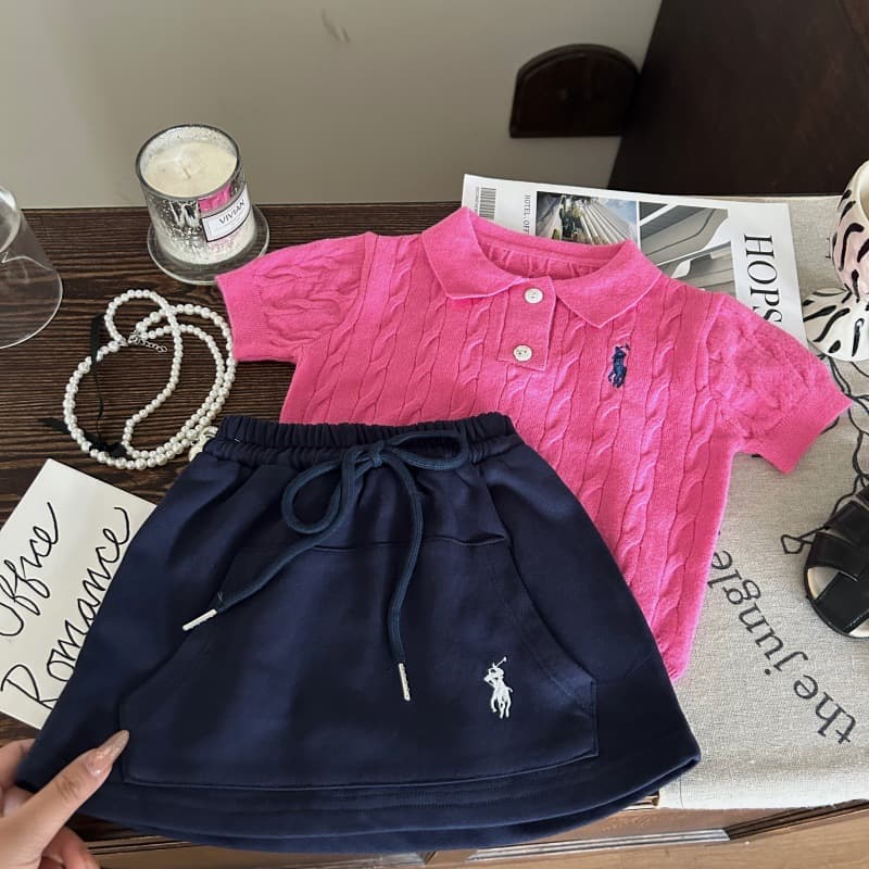 Korean Kids Clothing 2026 New Summer Girls Polo Shirt Cable Short Sleeve Children's Embroidered Casual Skirt Two-Piece Set