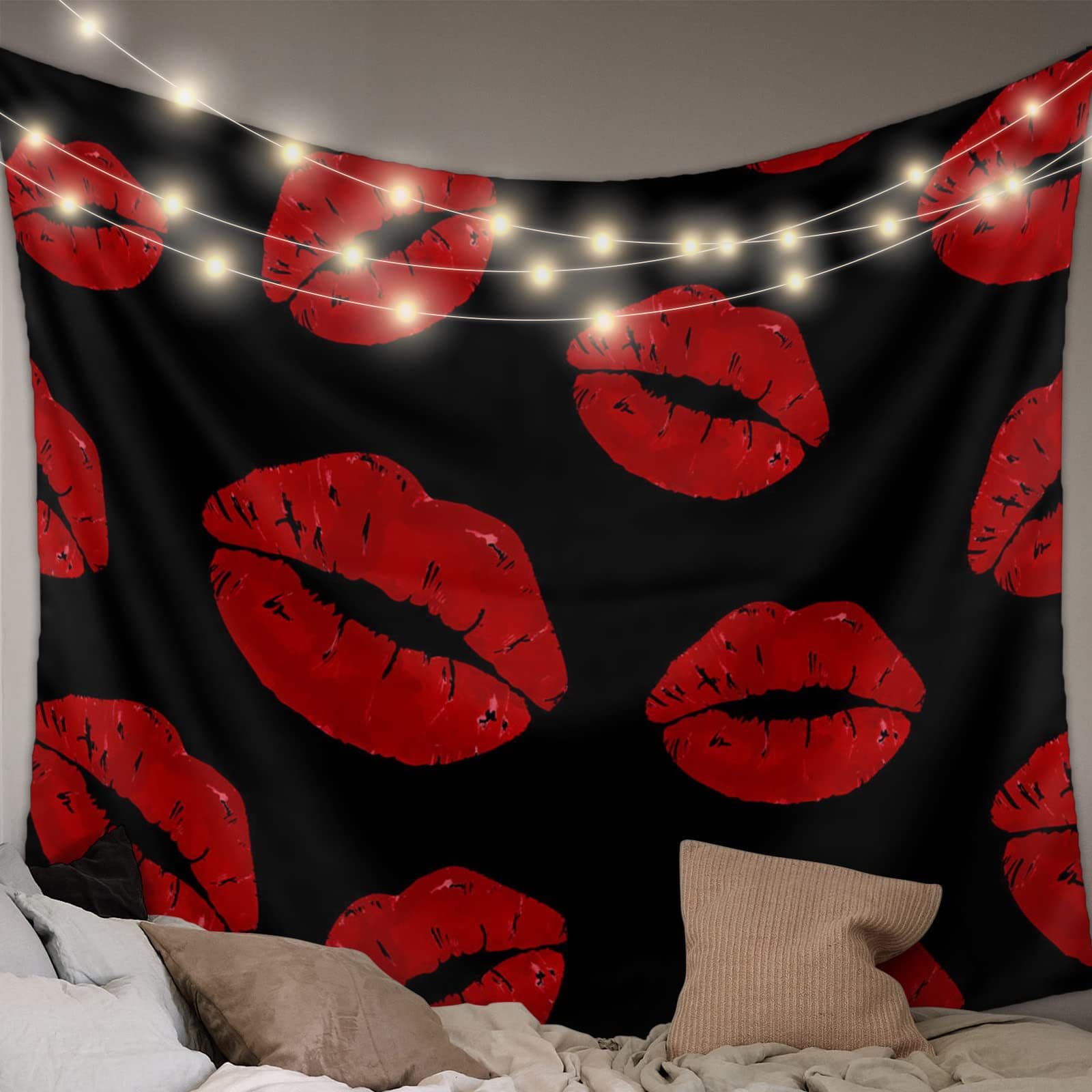 Wall Hanging Red Lips Tapestry, Sexy Black Tapestry for Bedroom, Living Room, College Dorm, Boys and Girls Room