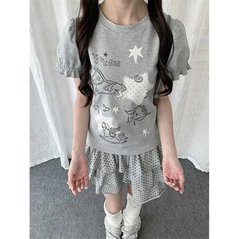 Japanese Retro Star Carousel Puff Sleeve Short Sleeve T-Shirt Women's Summer New Y2K Subculture Fitted Top