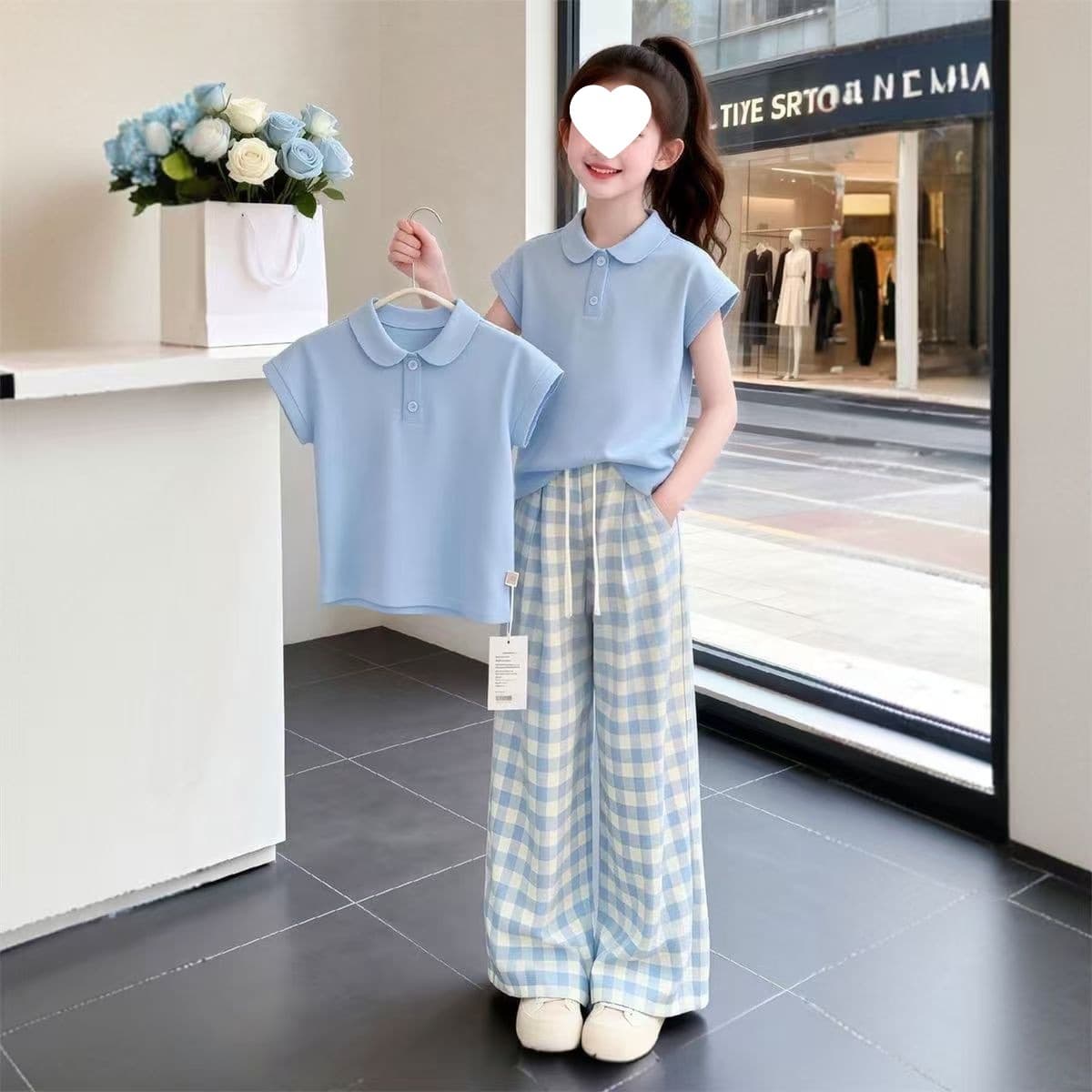 Summer Teen Girls' Casual Pants Set for Ages 6-18 School Style Polo Neck T-Shirt Blue Plaid Two-Piece Set