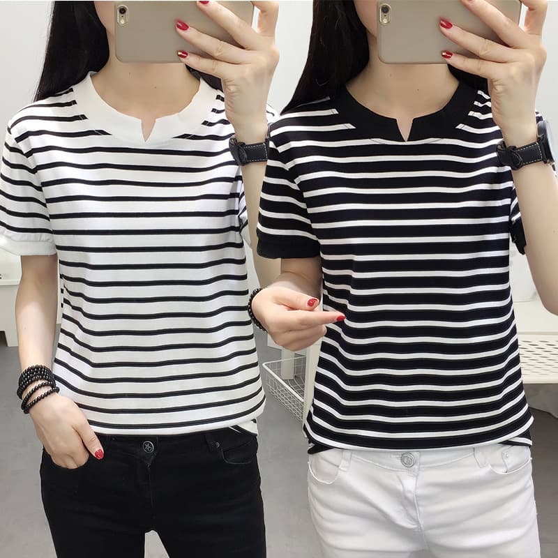 95% Cotton 2022 New Plus Size Loose Striped Short Sleeve T-Shirt for Women Summer Plus Size Women's Clothing Cross-Border Southeast Asia
