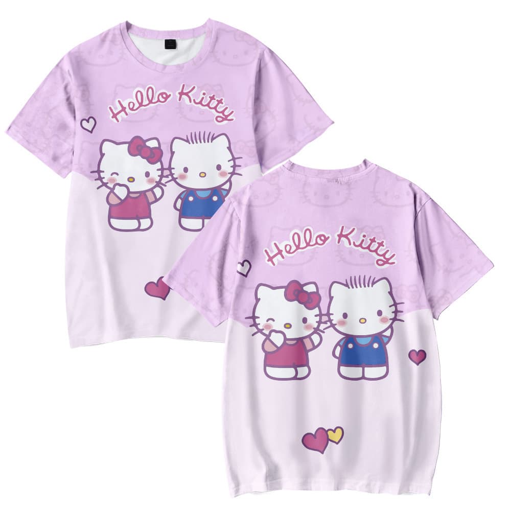 3D New Product Hello Kitty Sanrio Short-Sleeved T-Shirt Digital Print Round Neck Adult and Children's Clothing