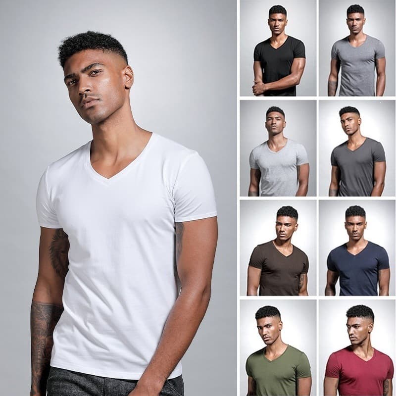 Wholesale Summer Solid V-Neck White T-Shirt Slim Fit Base Layer Men's Short Sleeve Sweetheart Neck White Tee Inner Wear Slim Fit