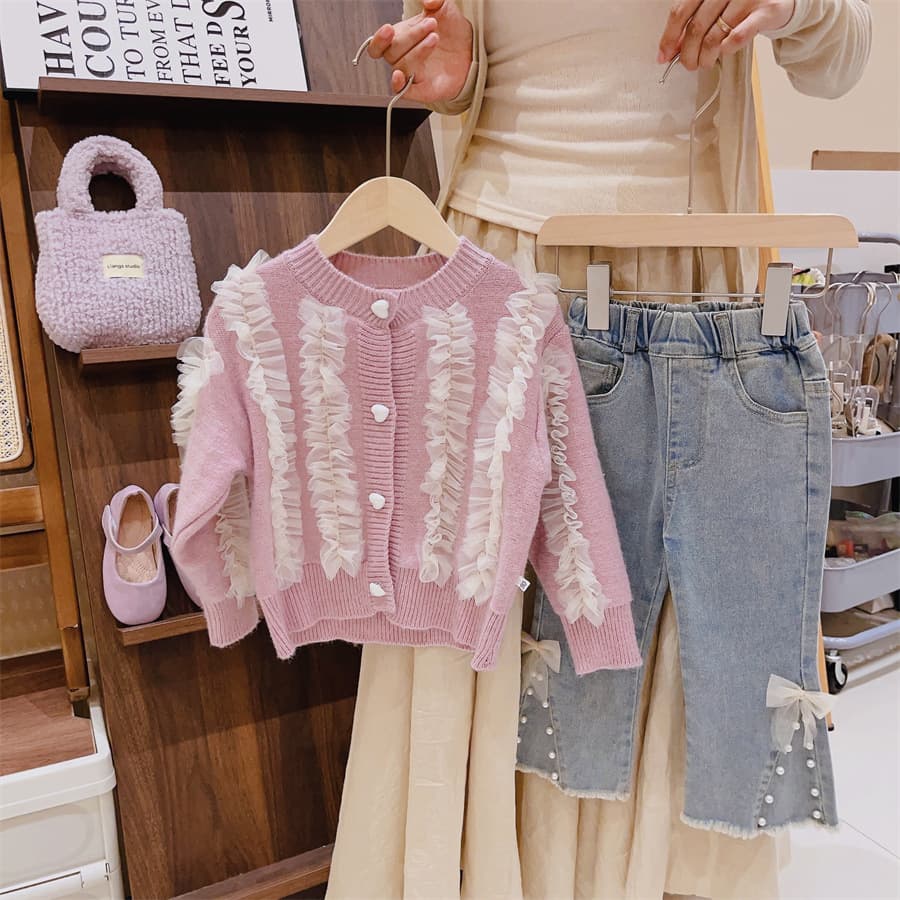 New children's clothing sweet girls sweater set 2026 autumn cardigan coat sweater jeans two-piece set