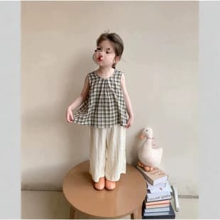 2026 New Girls Summer Set Stylish Grid Forest Loose Mosquito-Proof Pants Middle and Small Girls 2-Piece Summer