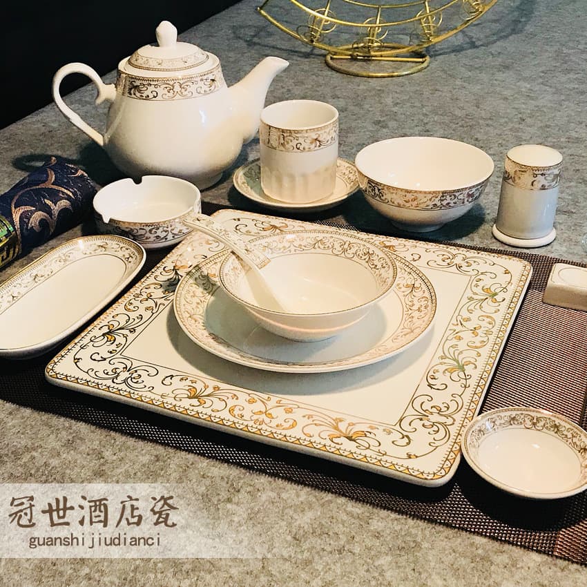 High-end Hotel Table Setting Bowl Plate Spoon Cup Four-Piece Set Ceramic Sample Pavilion Tabletop Display Gold-Rimmed Tableware Factory Direct Sale