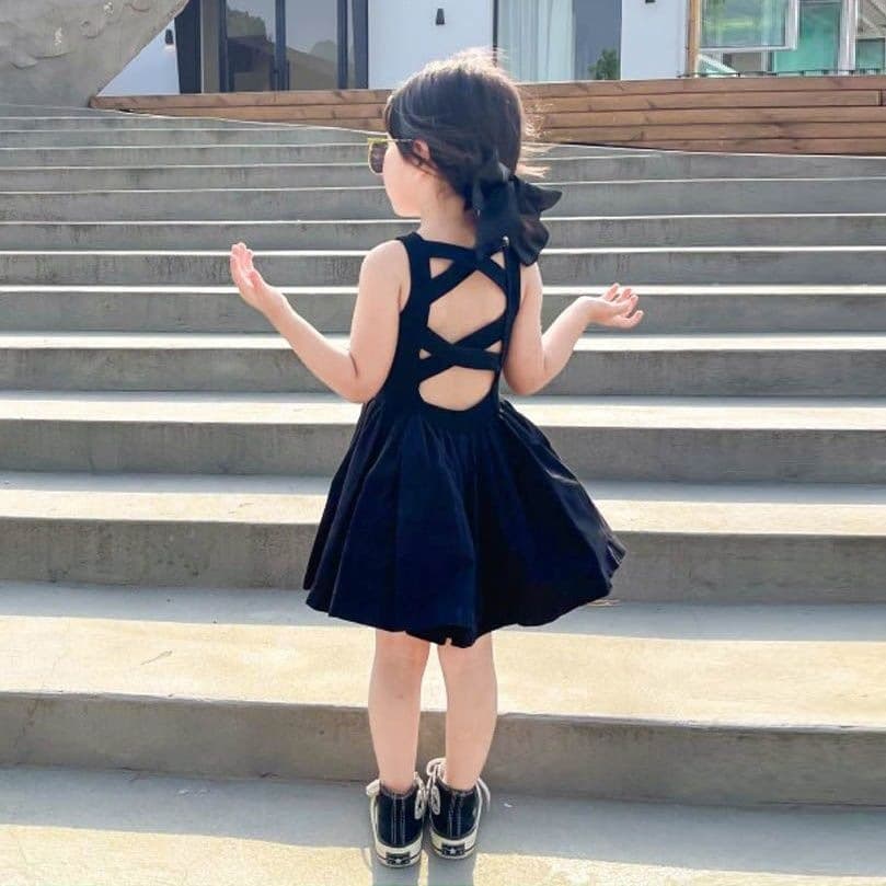 Girls Summer Dress, Korean Style Backless Black Camisole Dress for Toddler Girls
