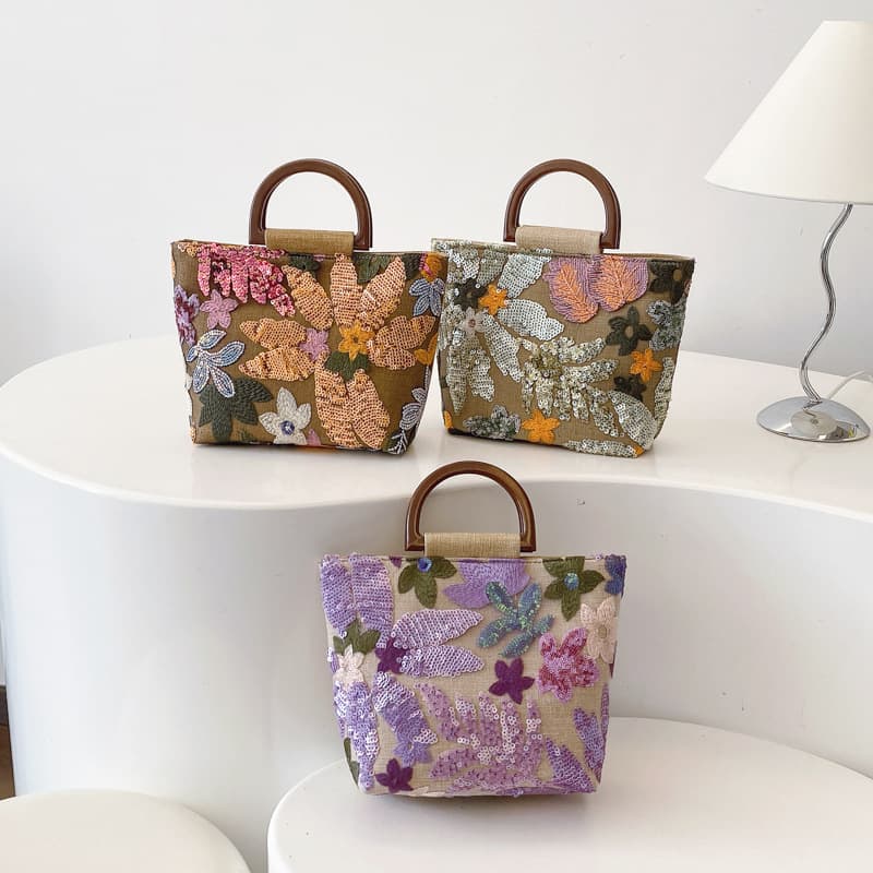2025 Summer New Cross-Border Bamboo Knot Handbag Premium Textured Colorful PVC Sequins Linen Embroidery Tote Bag