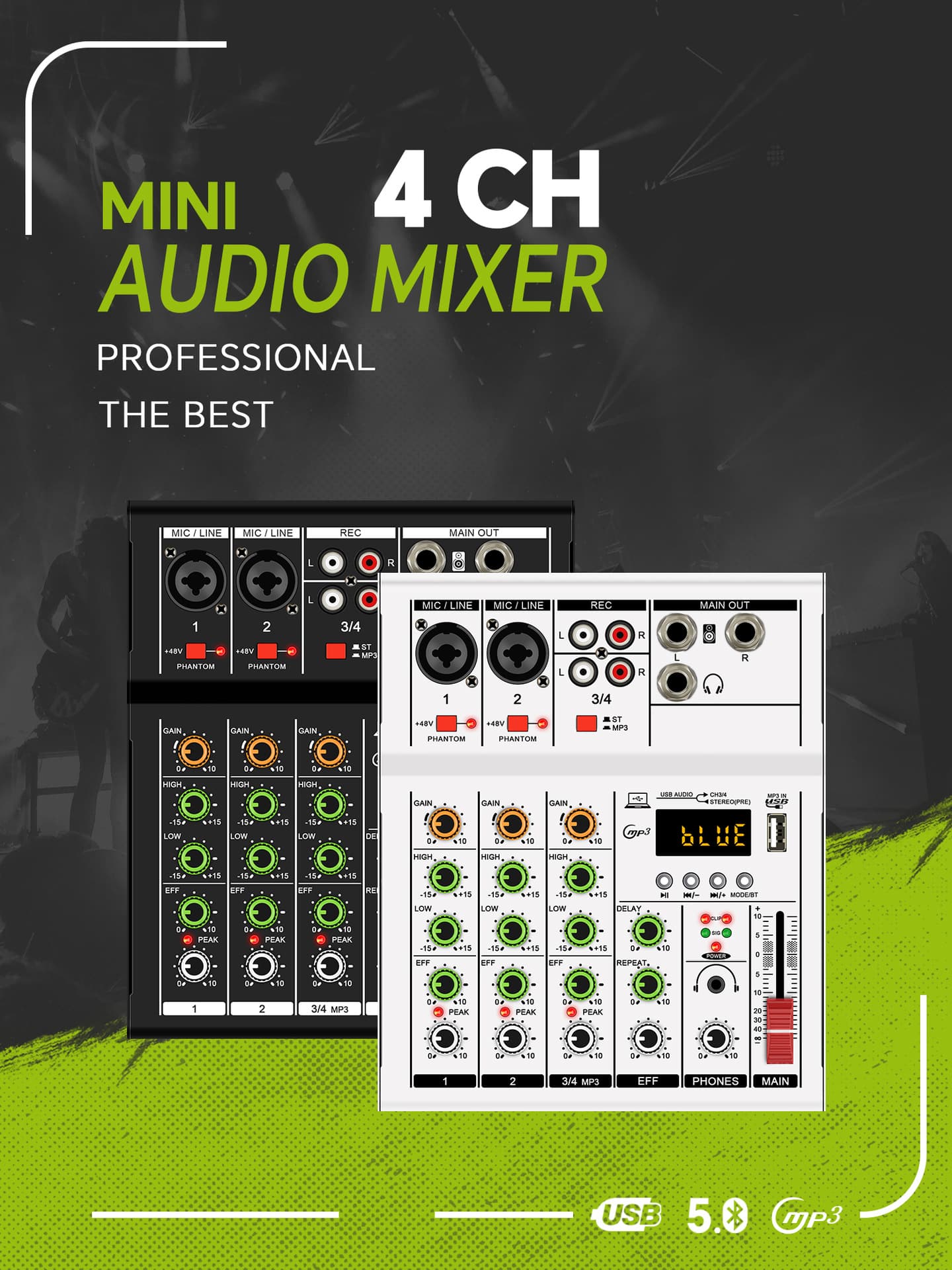 Silver Audio Reverb Computer Recording Sound Card 4-Channel Mixing Console for Live Streaming, Compact Home Use, Instrument Mixer