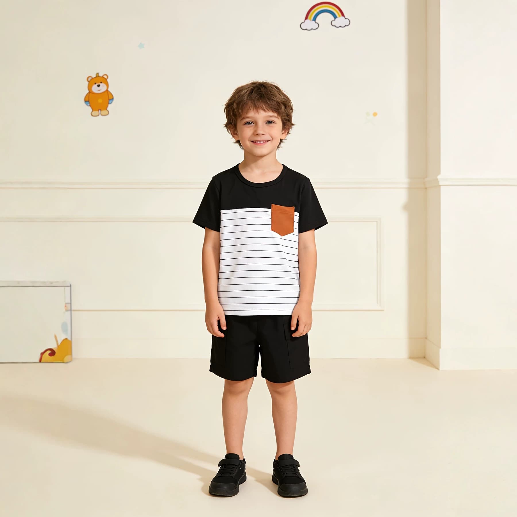 Cross-border INS children's summer style striped short-sleeved contrasting patchwork pullover top shorts casual suit