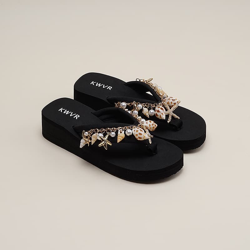 Starfish Chain Flip Flops for Women Summer New High Heel Sandals Beach Anti-Slip Toe Separator Slippers