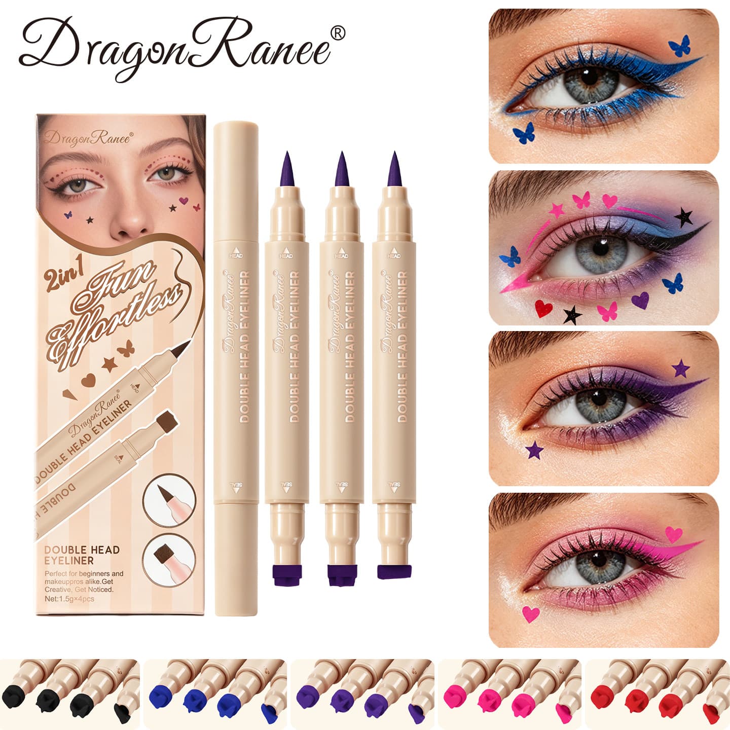 Double-Ended Stamp Eyeliner Pen Colored Eyeliner Waterproof Royal Blue Purple Rose Red Bright Red 4-Piece Eyeliner Set