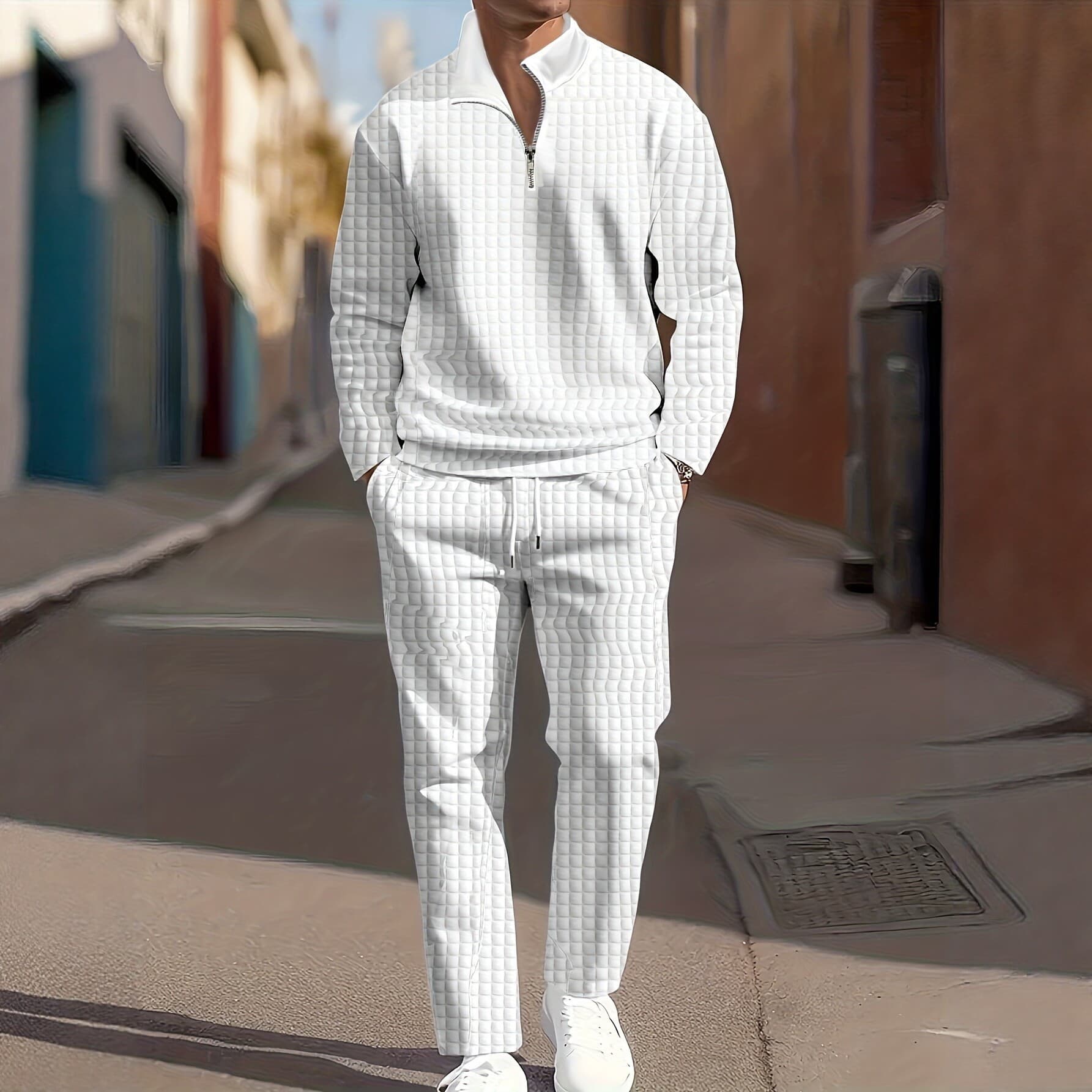 Cross-border Men's Set White 3D Half-Zip Hoodie with Drawstring Pants Two-Piece Casual Suit Wholesale