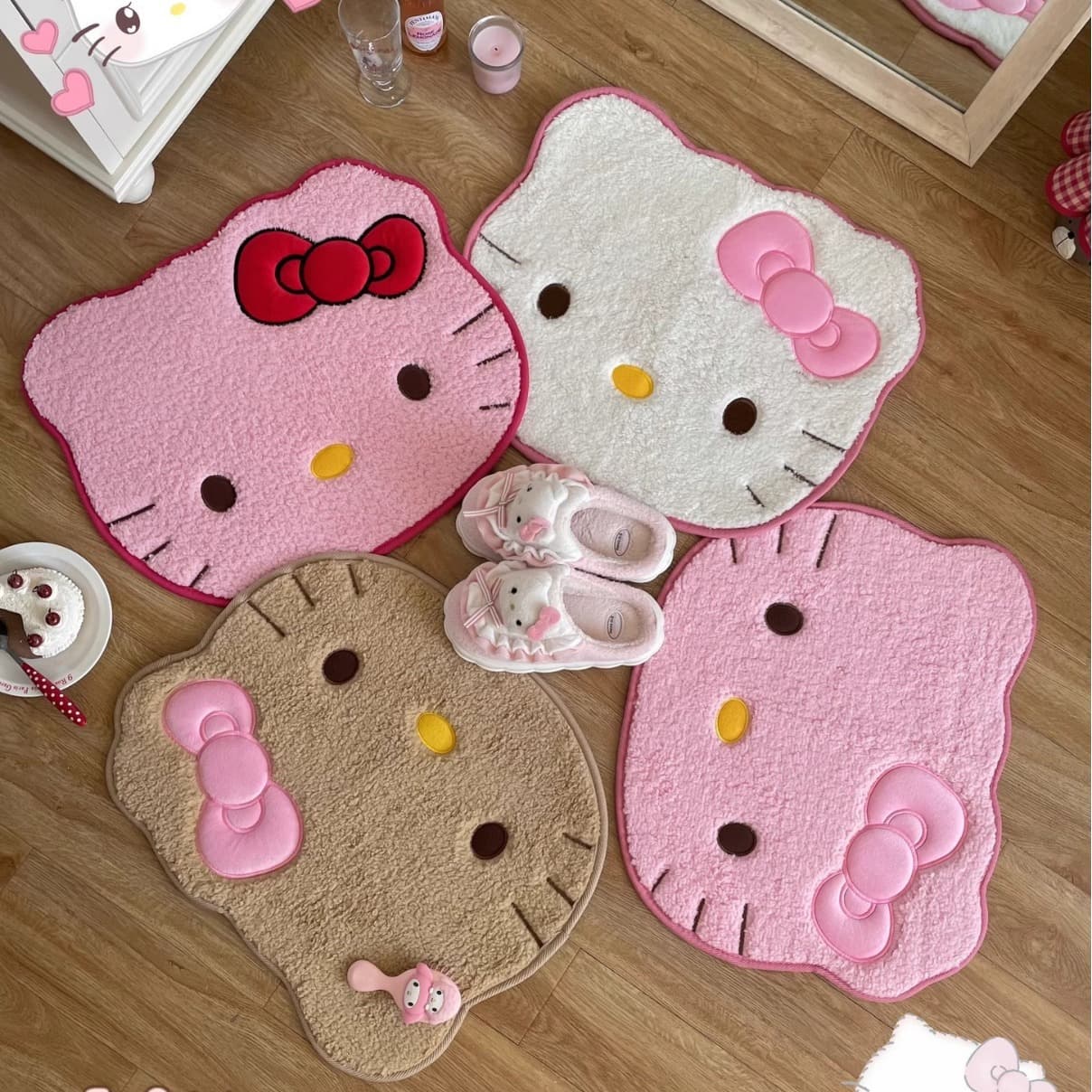 Cartoon Cute Hello Kitty Irregular Faux Cashmere Doormat, Bathroom Absorbent Foot Mat, Entryway Decorative Door Mat, In Stock