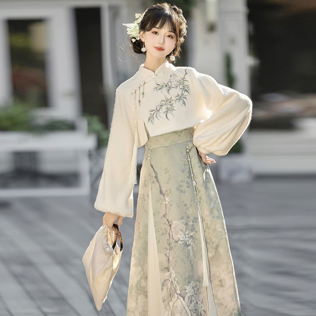 Original Design Pear Blossom Guide Hanfu Women's Chinese Style Improved Han Element Top and Camisole Dress Set 9455