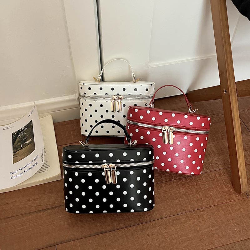 Retro polka dot box bag for women, double zipper portable cosmetic small square box, simple portable crossbody dual-use cosmetic bag
