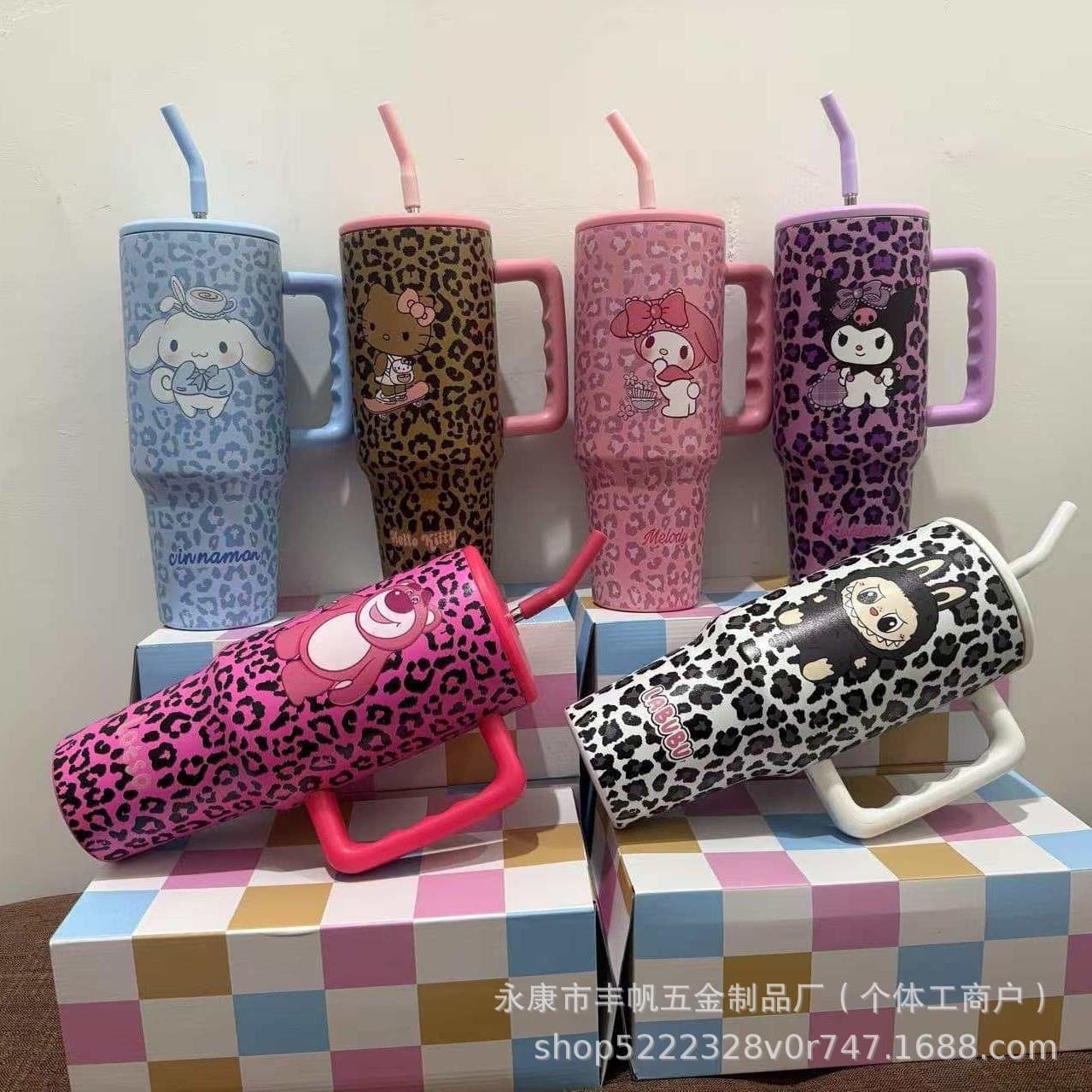 New 40oz Sanrio Ice Cup Leopard Brutalist Water Cup 1200ML Big Mac Insulated Cup Fashionable and Portable