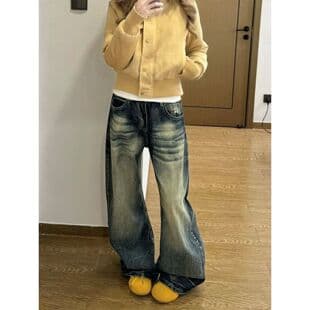 American Retro High Street Washed Curved Leg Jeans Women New Lightning Pattern Faded Design Loose Fit Skinny Trousers