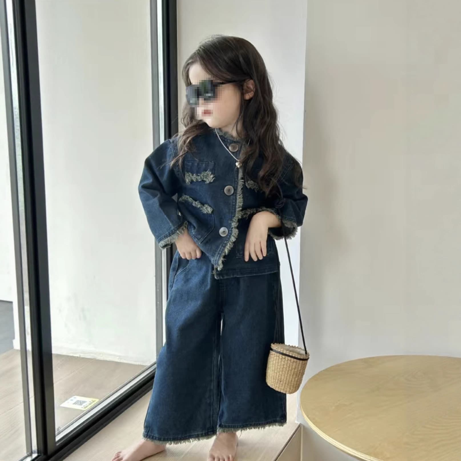 Girls denim suit autumn and winter 2025 washed denim long-sleeved top + wide-leg jeans 2-piece girl jacket