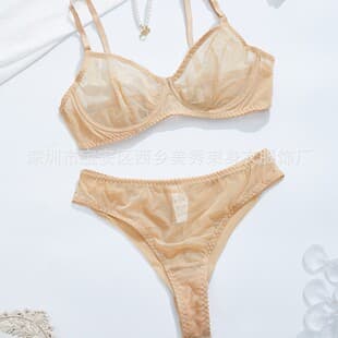 European and American Ultra-Thin Transparent Mesh Steel Ring Bra Thong Set Women's Sexy Private Lingerie Two-Piece Set