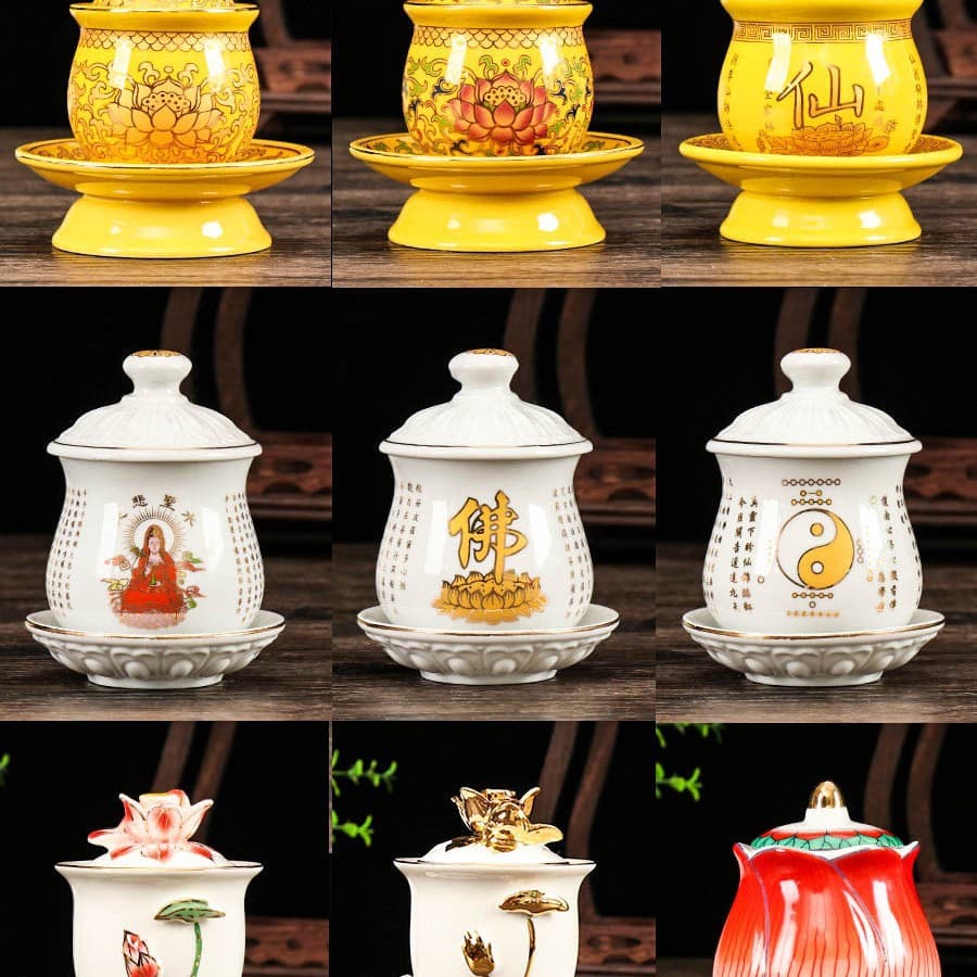 Buddhist Water Cup Ceramic Purification Cup, Lotus-shaped Guanyin Offering Cup, Home Use Great Compassion Mantra Holy Water Cup by Weiyan