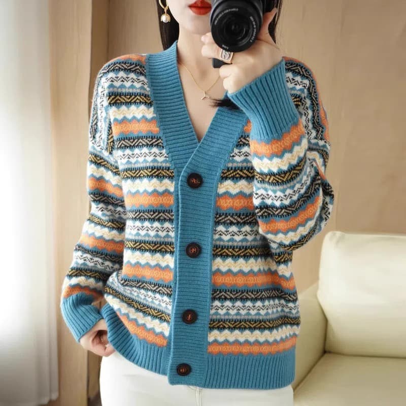 Knitted Cardigan for Women, Short Sweater Jacket, New Spring and Autumn Style, Loose Casual Striped Stylish V-Neck Long-Sleeve Top