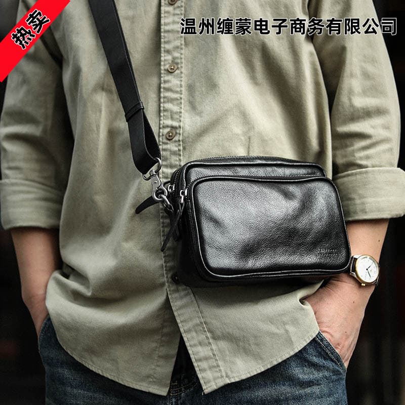Men's genuine leather backpack shoulder crossbody square horizontal style top grain cowhide phone bag small bag casual bag
