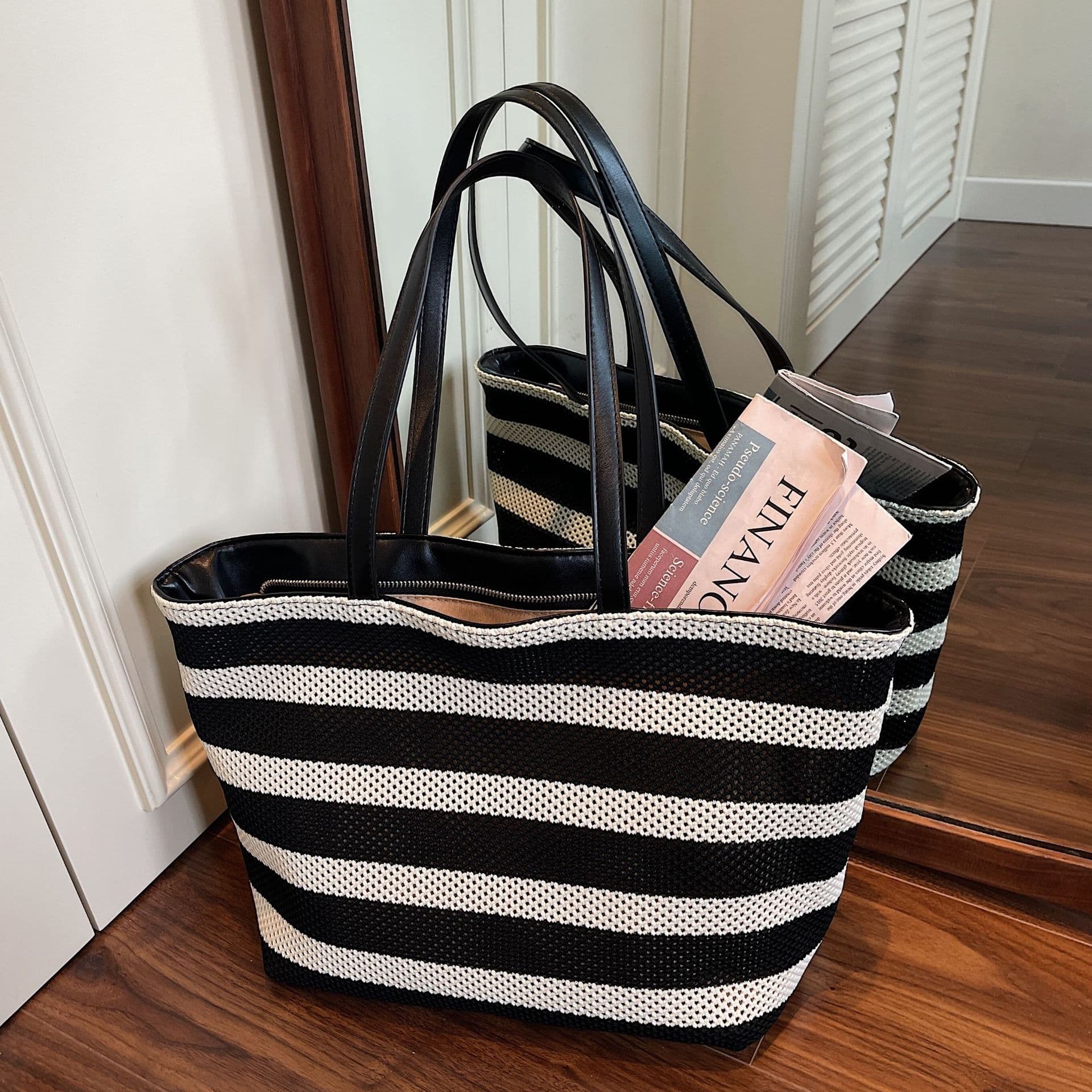 Premium Black and White Striped Tote Bag Woven Large Capacity Shoulder Bag for Women Lazy Style Lightweight Vacation Bag Shopping Bag