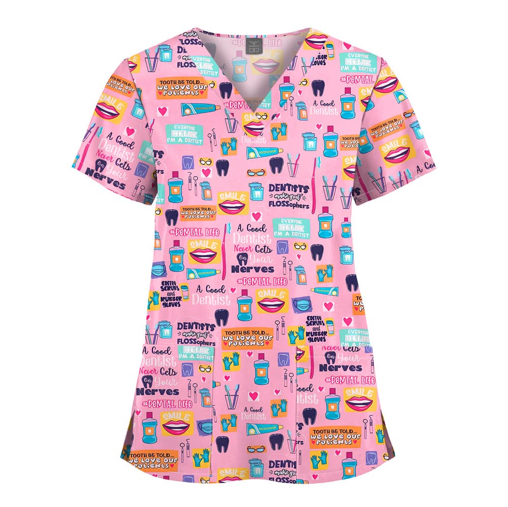 V-Neck Quick-Dry Printed Scrub Top for Dental Clinic, Beauty Salon, Pet Hospital, Doctors, Nurses, Unisex