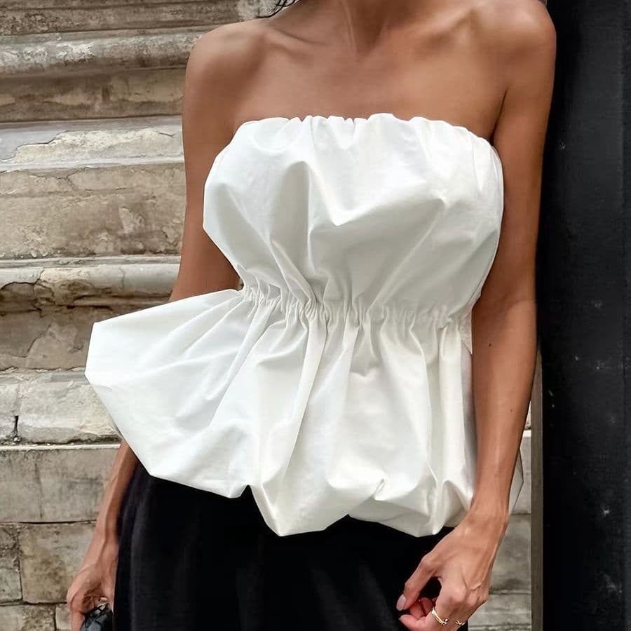 Fashion Tops Women's White Wrap Bubble Bustier Top with Stylish Versatile Design