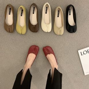 Flat Bean Toe Pig Hoof Shoes for Women 2025 Spring Autumn Horse Hoof Split-Toe Thumb Pig Hoof Boat Shoes Red Flats