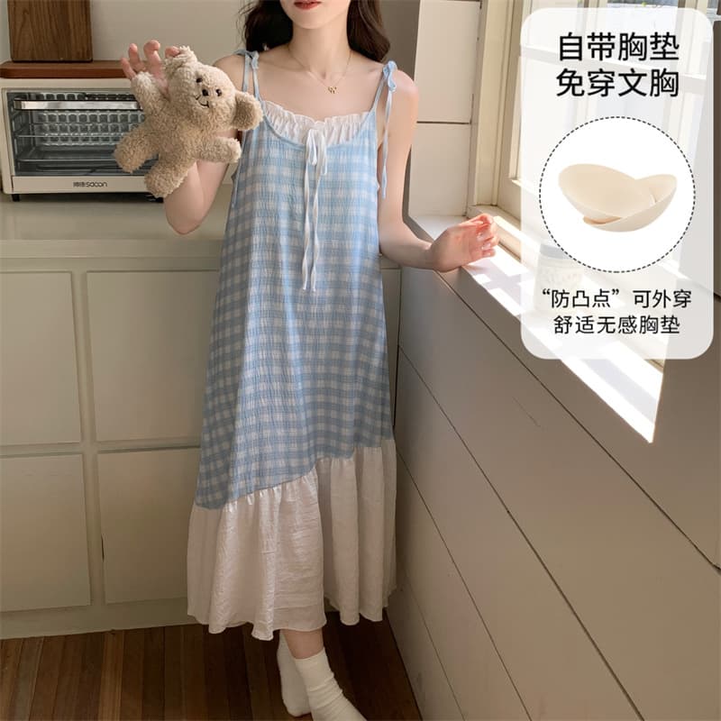 Summer Women's Camisole Nightgown Cloud Cotton Blue Plaid Bow Dress with Built-in Pads Sweet Lace Homewear