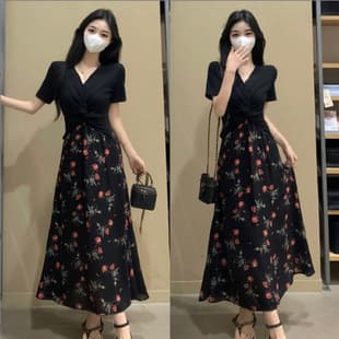 Export Plus Size Tea Dress French Style Summer Hepburn Faux Two-Piece Floral Dress Fat MM Waist-Cinching Slimming Long Dress