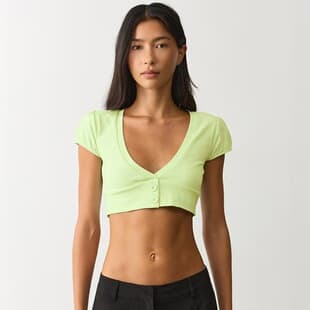 2026 Summer European & American Trendy Crop Top Women's Solid V-Neck Button Belly Tee