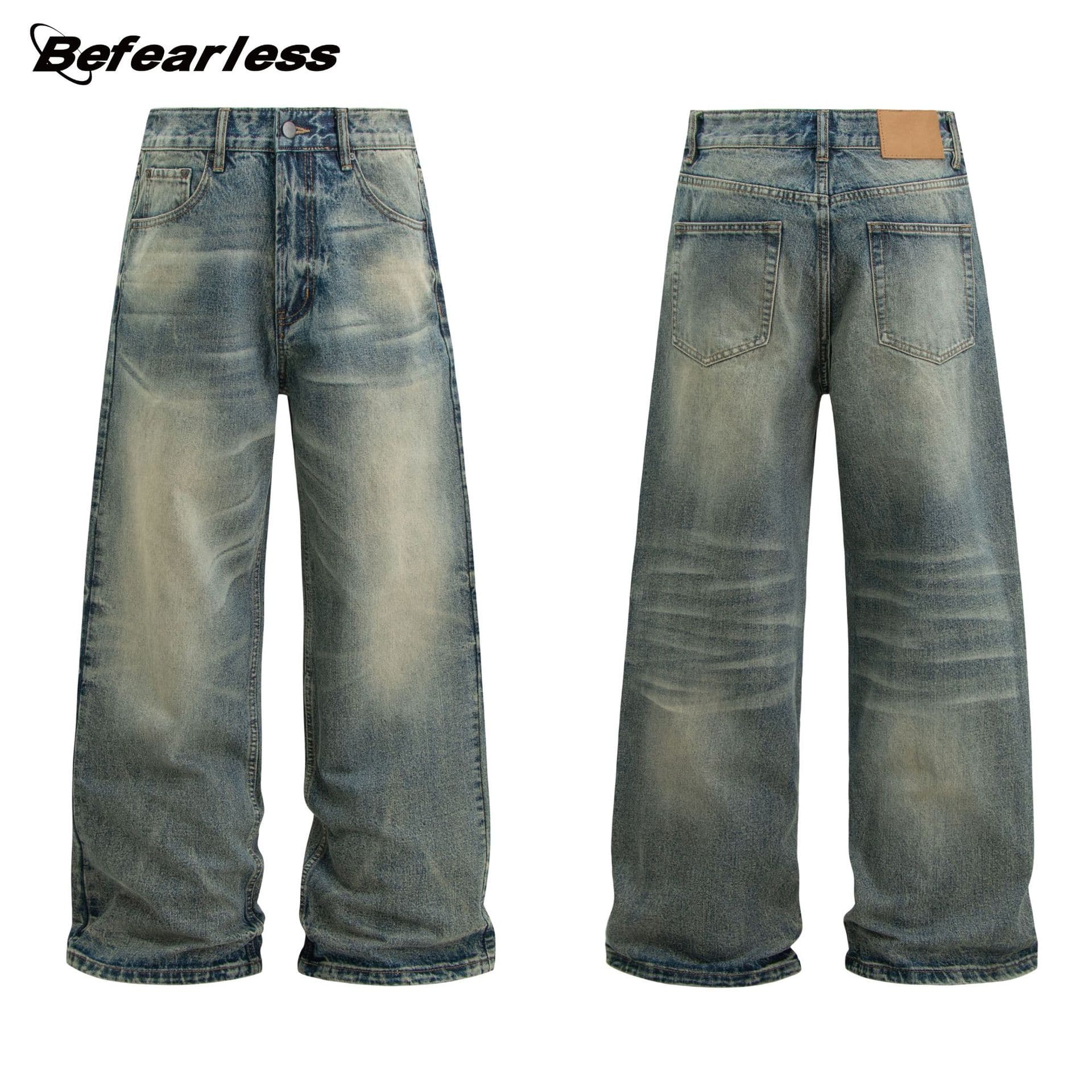 American Retro 15.5oz Heavyweight Washed Jeans Streetwear Distressed Loose Straight Leg Denim Pants