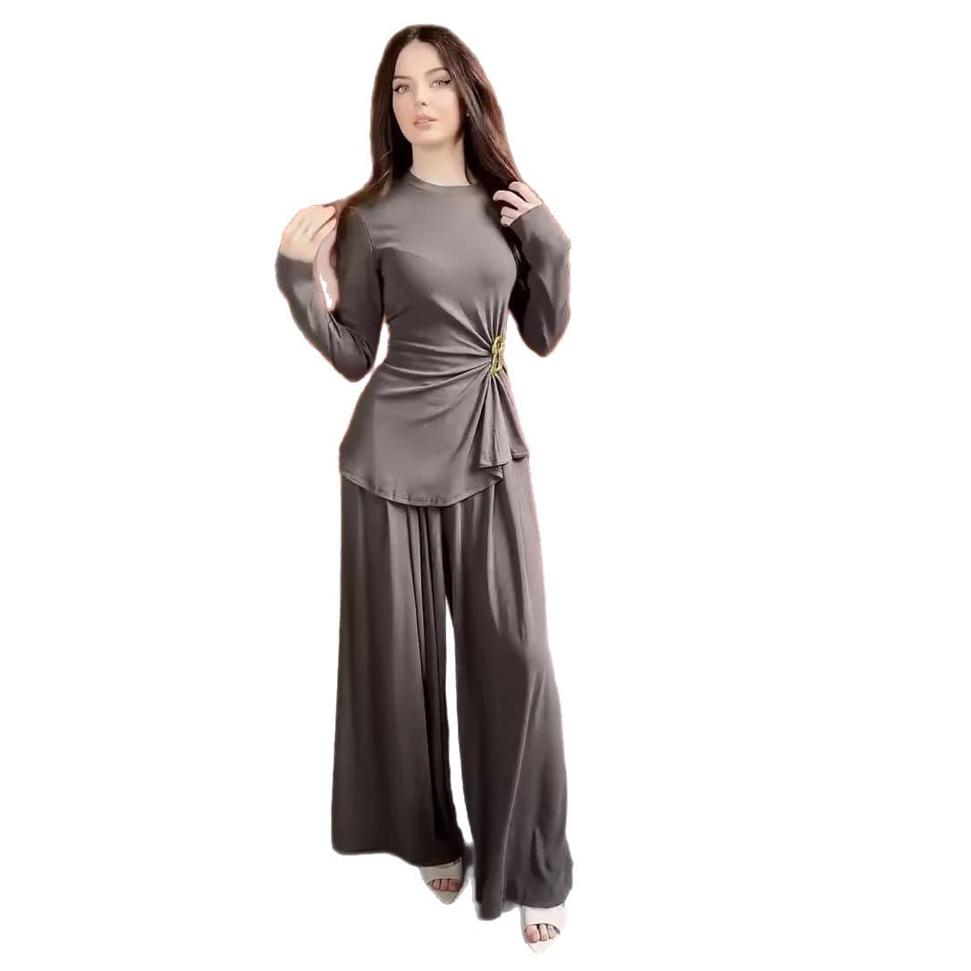 Amazon Cross-border 2026 New Autumn Women's Round Neck Button Pleated Slim Fit Base Top and Long Pants