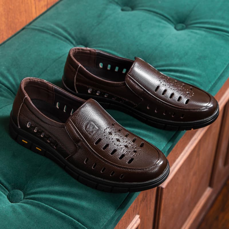 Men's New Summer Breathable Top-Layer Cowhide Leather Sandals with Perforated Design, Soft Sole, Anti-Slip, Casual Dad Shoes