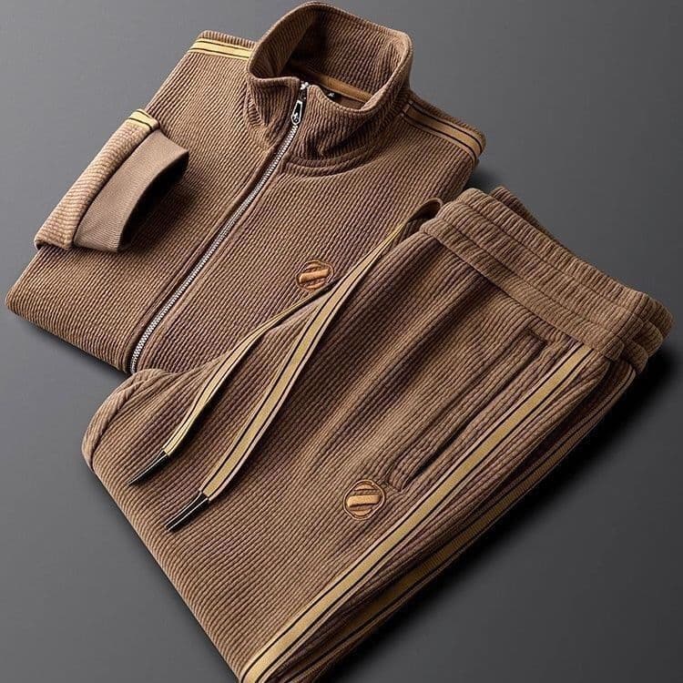 Luxury Autumn/Winter Warm Solid Color Casual Sportswear Set Slim Trendy Jacket for Men Straight-Leg Striped Two-Piece Set