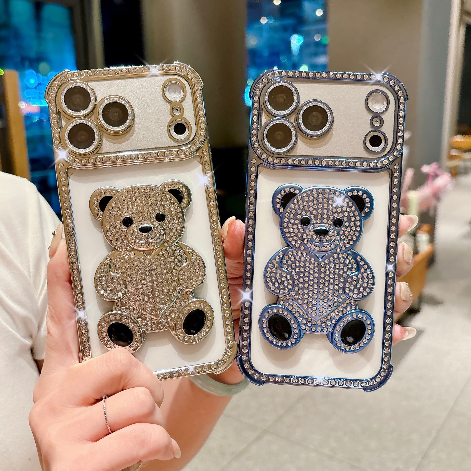 For iPhone 17 PRO Phone Case Violent Bear Rhinestone Apple 17 Four-Corner Drop Protection Transparent Soft Case Protective Case