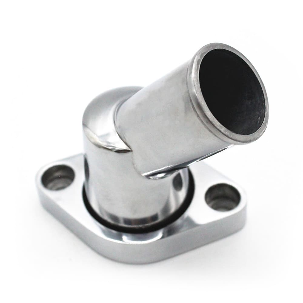 Polished aluminum alloy 45° water neck fits SB BB Chevrolet CHEVY 327 350 454 396