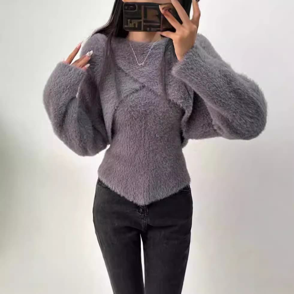 Korea 2025 autumn new chic faux mink fur knit sweater slim-fit camisole two-piece set.